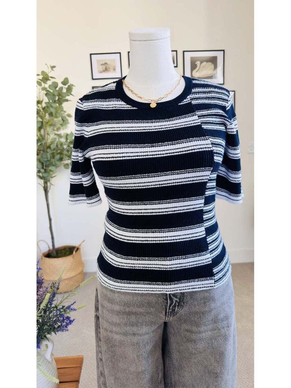 DKNY Black and White Spliced Striped Ribbed Knit Top Size M